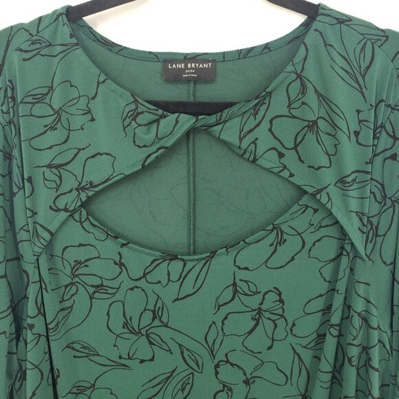 Lane Bryant Floral Print Keyhole Cut Out Blouse Top 22 Long Sleeves Green Black - Picture 6 of 9